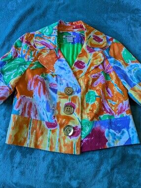 Nouveau Multicolor Abstract Print Cropped Blazer - Vibrant Orange & Green